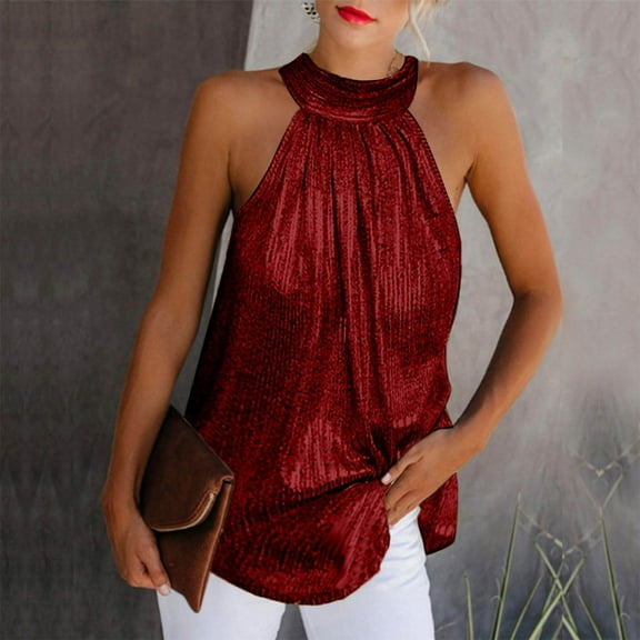 Spring Tops for Women Tank Tops for Women Plus Size Women's Halter Neck Tops Summer Loose s Casual Sleeveless Blouses Tops Shirts Red M