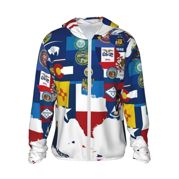 Logiee The Map Of United States Print Men's Women Light Jacket Full Zip Sun Protection Hoodie Long Sleeve Sun Shirts for Men Hiking Fishing Zip Pockets-Small