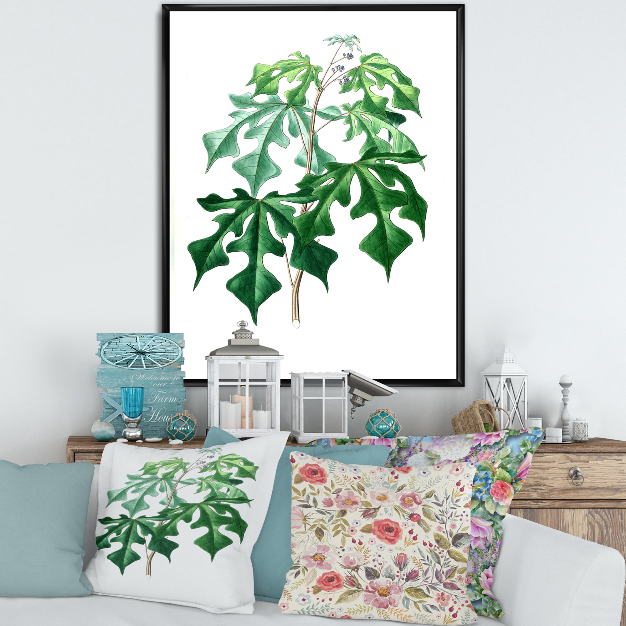 Designart 'Ancient Green Leaves Plants II' Traditional Framed Canvas Wall Art Print