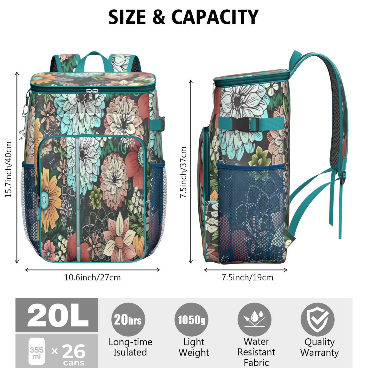 Travel Cooler Bag - Pioneer Flower Floral Print Pattern Camping Beer Cooler Backpack with Bottle Opener- Waterproof Insulated Picnic Backpacks - Cooler Bag for Beach