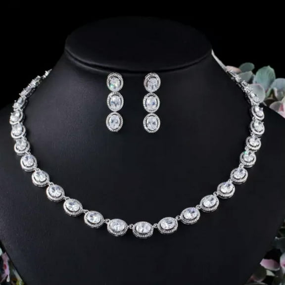 Royal Blue CZ Stone Round Necklace Earrings Set for Women White Gold Jewellery