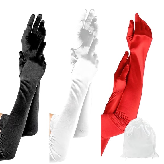 GIRACOA Elegant Formal Satin Opera Gloves for Women, 3 Pairs - White, Red, Black