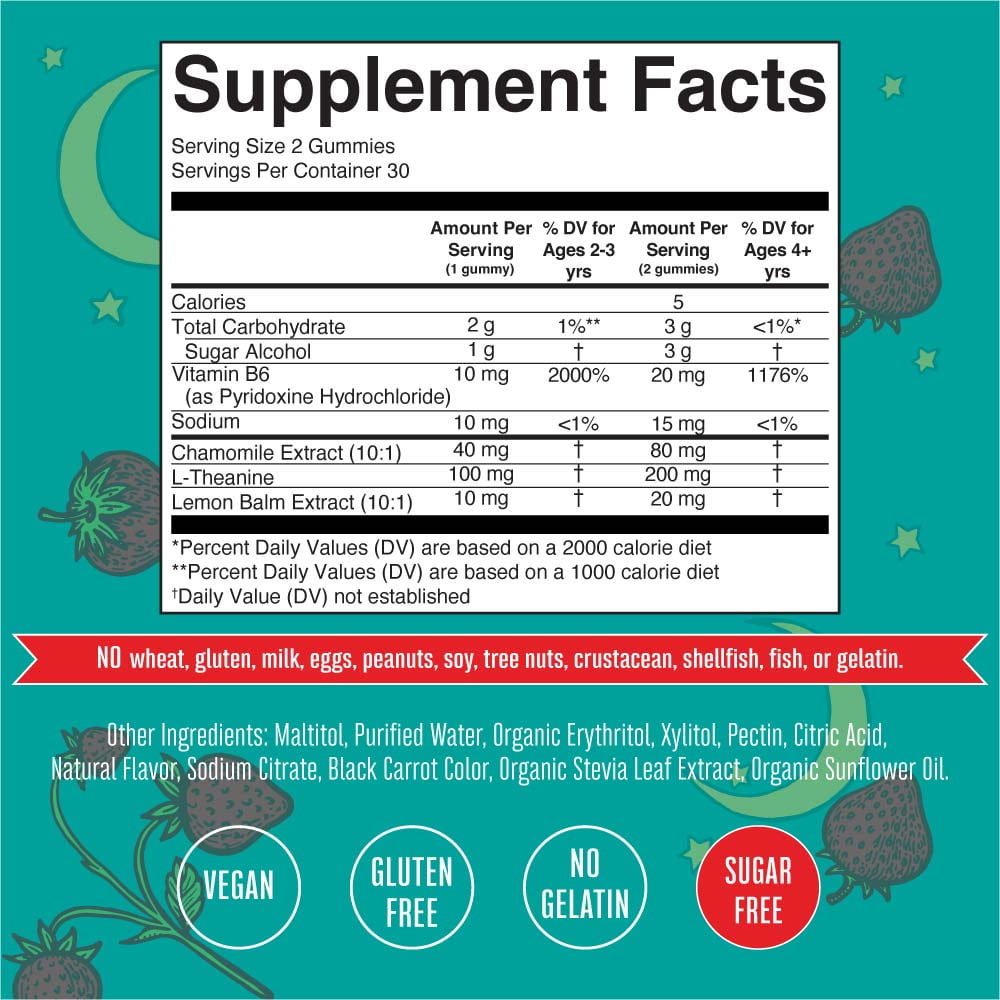 (3 pack) MaryRuth's Kids Nighttime Sleep Gummies Sugar-Free Strawberry Flavor with Vitamin B6 and L-Theanine Dietary Supplement 60 Count
