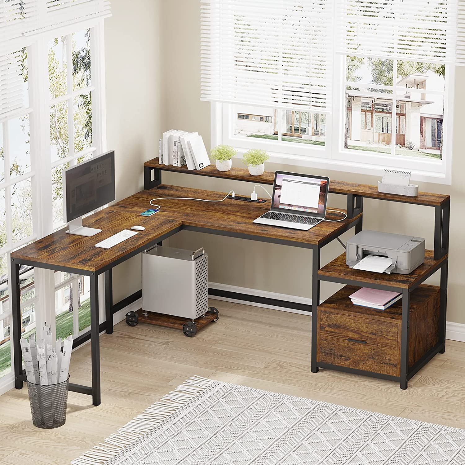 Buy Sedeta L Shaped Desk with Hutch, Storage Shelves, File Drawer and