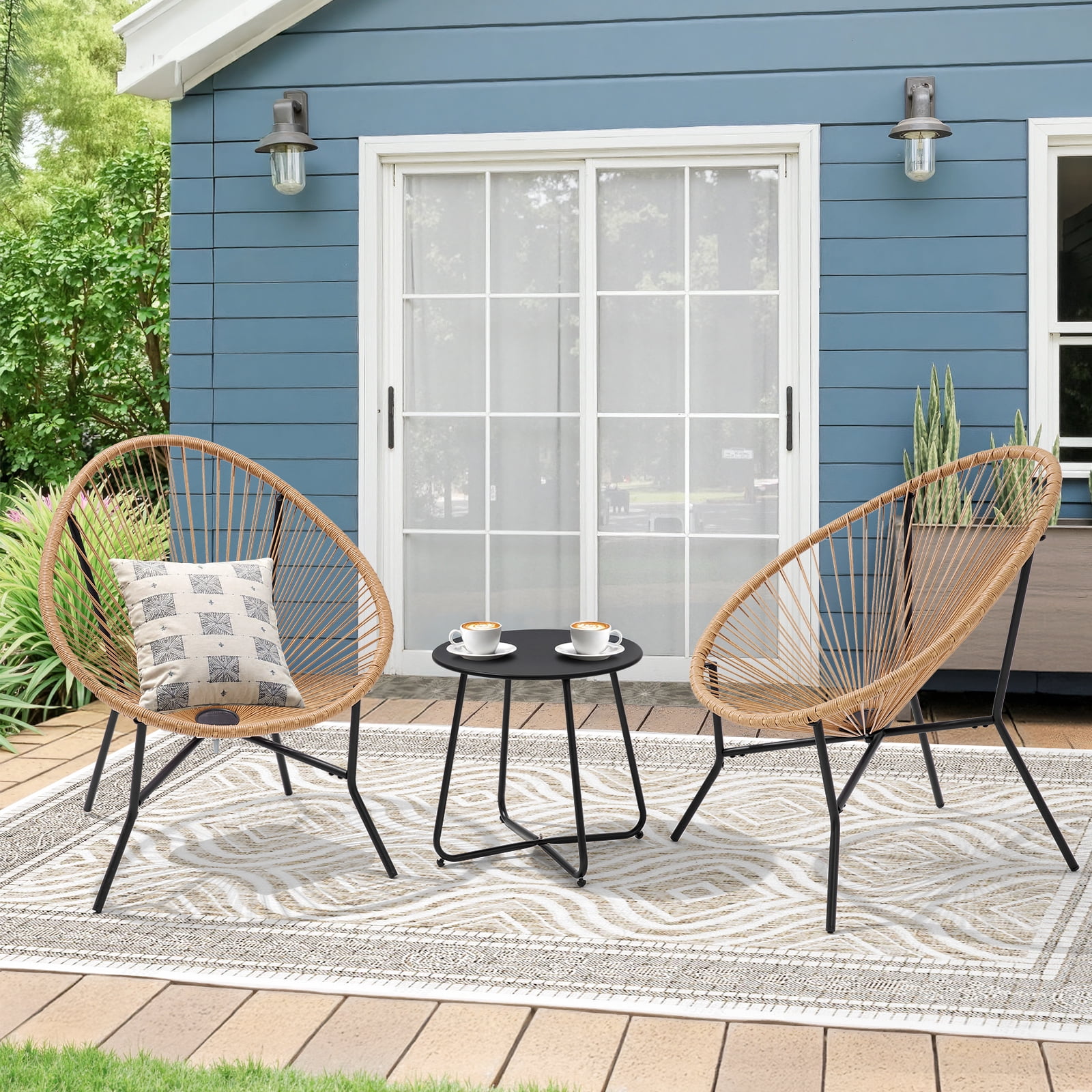 Dovov 3 Piece Patio Acapulco Furniture Bistro Set, Outdoor Bistro Set Acapulco Chairs All-Weather Rattan Wicker Chairs with Plastic Rope and Coffee Table, Beige