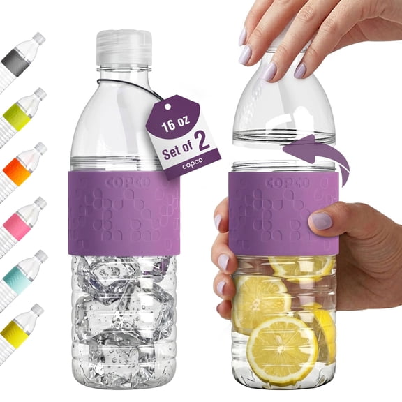 Copco Hydra Reusable Water Bottles, Set of 2, Non-Slip Sleeve, Spill Resistant Lid, Clear Water Bottles for School, Gym, & Travel, 16 Oz (Purple)
