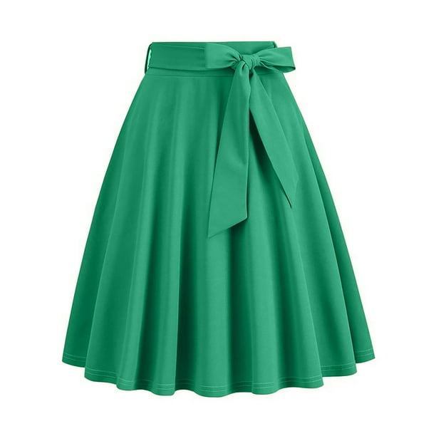 Karight Womens Midi Skirt Swing A-line Vintage Casual Elastic Wide Waist Flared Skirt with Belt