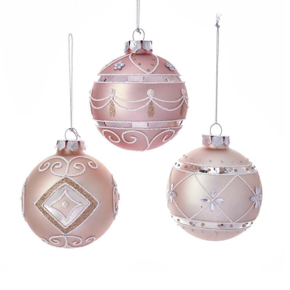 Set of 3 MILLENNIAL PINK Glass Ball Christmas Ornaments, by Kurt Adler