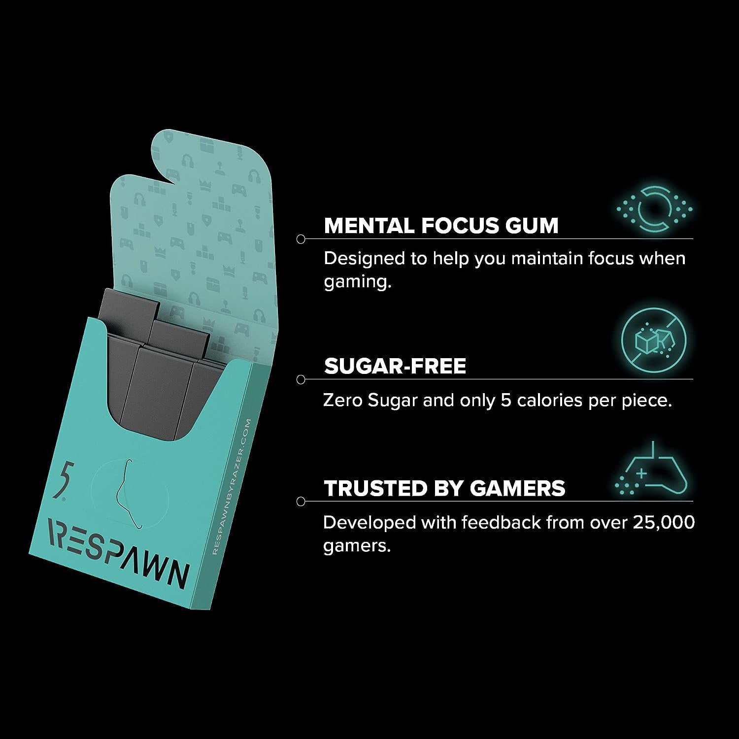RESPAWN By 5 Mental Focus Gum - Cool Mint - Sugar-Free Chewing Gum - For Gamers. By Gamers. - 10 Packs - 150 Sticks