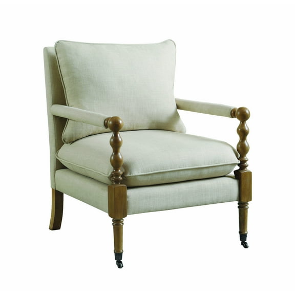 Rustic Accent Chair Fabric Upholstered Armchair Beige Brown Wooden Frame Comfortable Seating