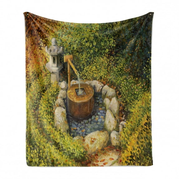 Peace Garden Soft Flannel Fleece Blanket, Tranquil Nature Scenery with a Stone Lantern and Water Basin Early Autumn Season, Cozy Plush for Indoor and Outdoor Use, 50" x 60", Multicolor, by Ambesonne