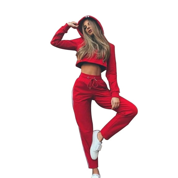 Mobutofu 1Set Red Cotton Blend Tracksuit for Women Hoodies and Pants Sets with Adjustable Drawstring Closure