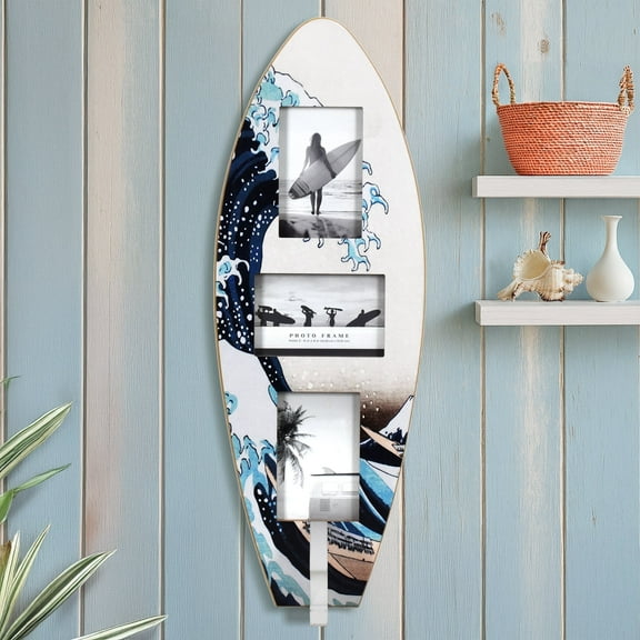 American Art Decor Surfboard Photo Collage Wall Decor - Coastal Surfboard Picture Frame with Clothes-Hanger Rack, Beach Wall Art, Holds 3 Photos, Great Wave Off Kanagawa Navy/Blue/Off-White 25" × 9"