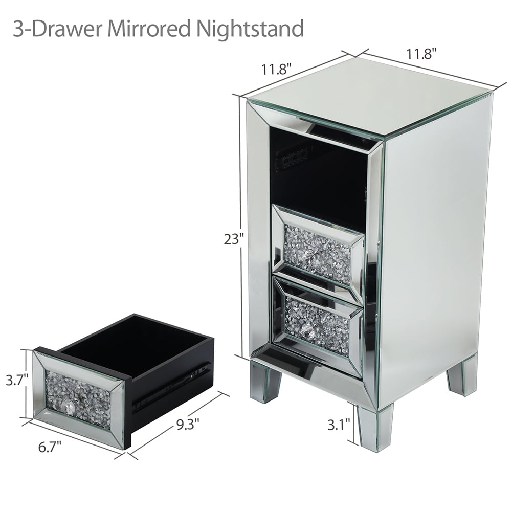 Kadyn Modern Mirrored Bedside Cupboard, Bedside Cabinets with 3 Crystal Diamond Drawers, Bedside Furniture for Bedroom Living Room