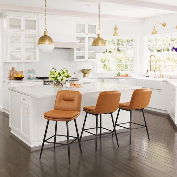 Dycanpo 24”H Bar Stools Set of 3, Double-Layer Upholstered, for Home Kitchen, Whiskey Brown