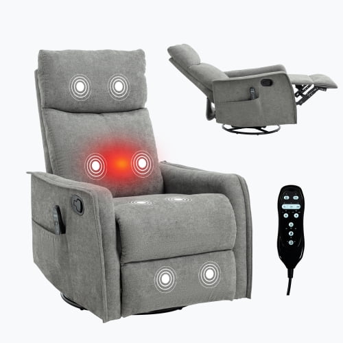 High Back Massage Recliner with Heat - Swivel Rocking Chair for Small Spaces, Manual Lazy Boy Recliner for Adults, Perfect for Living Room & Bedroom, Soft Fabric (Gray)