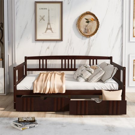 Full Size Daybed Wood Bed with Two Drawers  Daybed Frame for Kids Boys Girls Teens Adults  Dual-Use Sturdy Sofa Bed Suitable for Bedroom and Living Room  No Box Spring Needed  Espresso