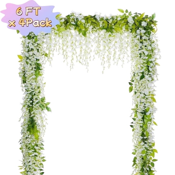 Artificial White Wisteria Flower Garland 4 Pack 24 FT,Silk Hanging Wisteria Vines for Wedding Arch,Home Wall,Garden & Outdoor Decor