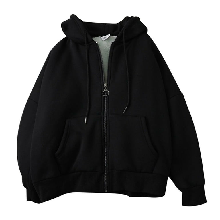 Women's Hoodie Drawstring Hood Thin Fleece Lined Jacket with Pocket Front  Zipper 3XL Black 