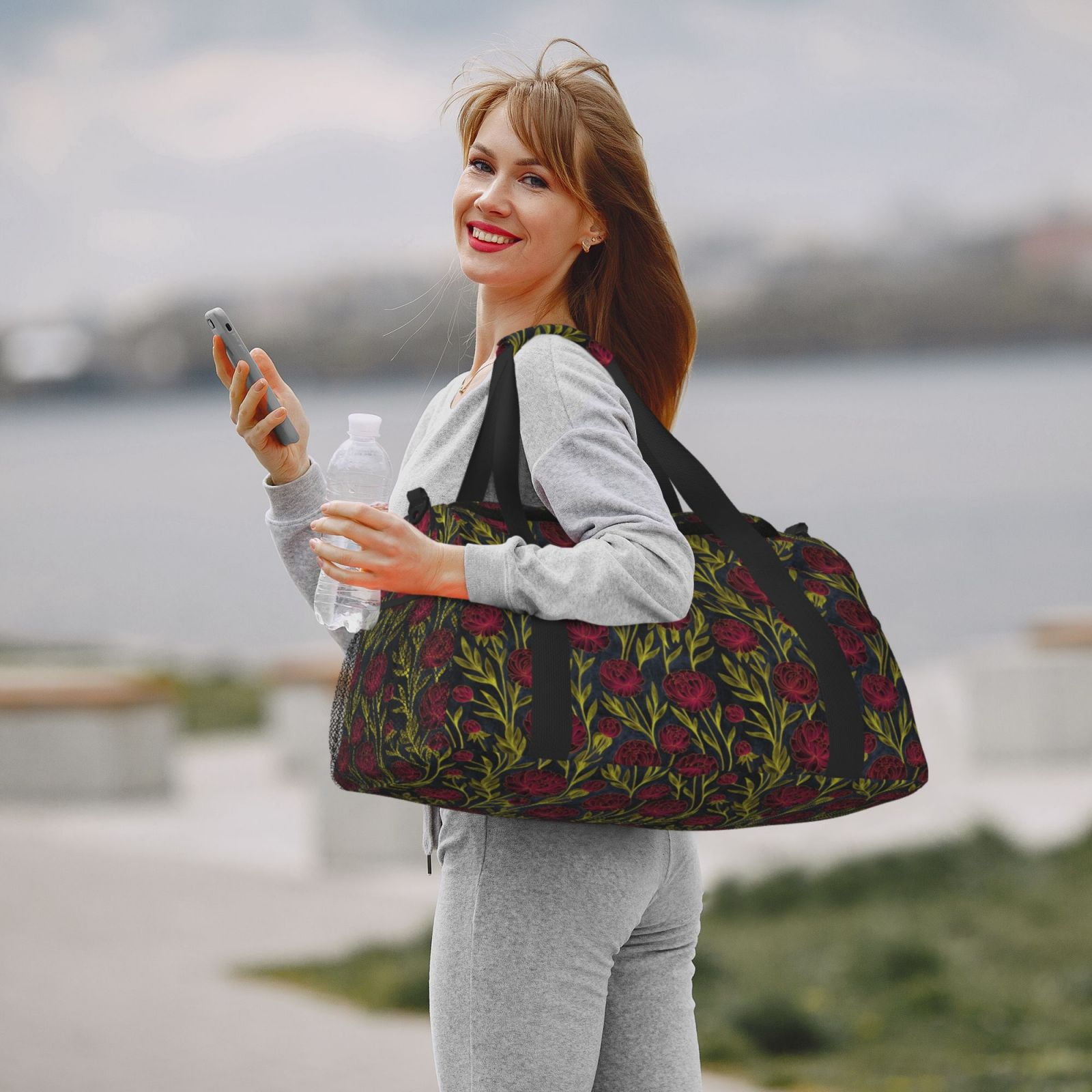 Fuzoiu Burgundy Peony Flowers Print Travel Duffle Bag,Carry On Tote Bags,Duffel Bag,Sport Gym Bag, Hospital Bag for Labor and Delivery, Overnight Bag,Luggage Bag