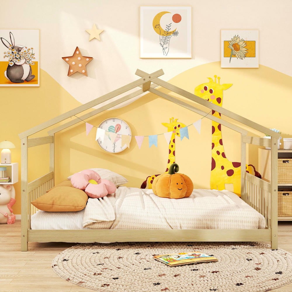 Barara King Full Size House Bedroom Bed Frame with Headboard, Montessori Floor Bed Platform Frame for Apartment, Bedroom, Natural