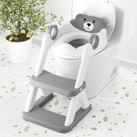 COOSEYA Foldable Potty Training Toilet for Toddlers with 2 Step Ladder Ages 12+ Months（Gray）