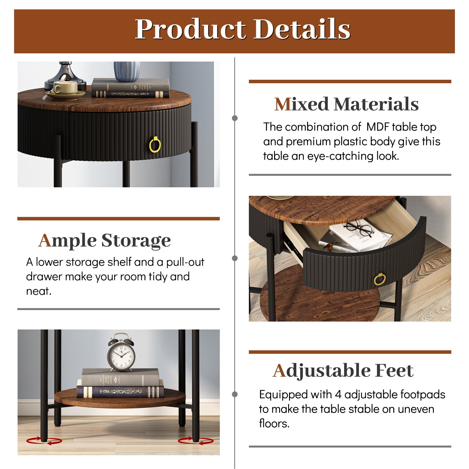 ASYA Black Metal End Table with Drawer, 2-Tier Wooden Nightstand, Round Side Table for Living Room Bedroom, 23.6'' H