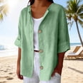 thumbnail image 4 of Outfmvch Women Linen Sets 2 Piece Outfits 3/4 Sleeve Tops Cotton Linen Tunic Tops Boho Summer Graphic Tees V Neck Button Tunic Tshirt Loose Vintage Shirts Short Sleeve Gauze Tops Green L, 4 of 9