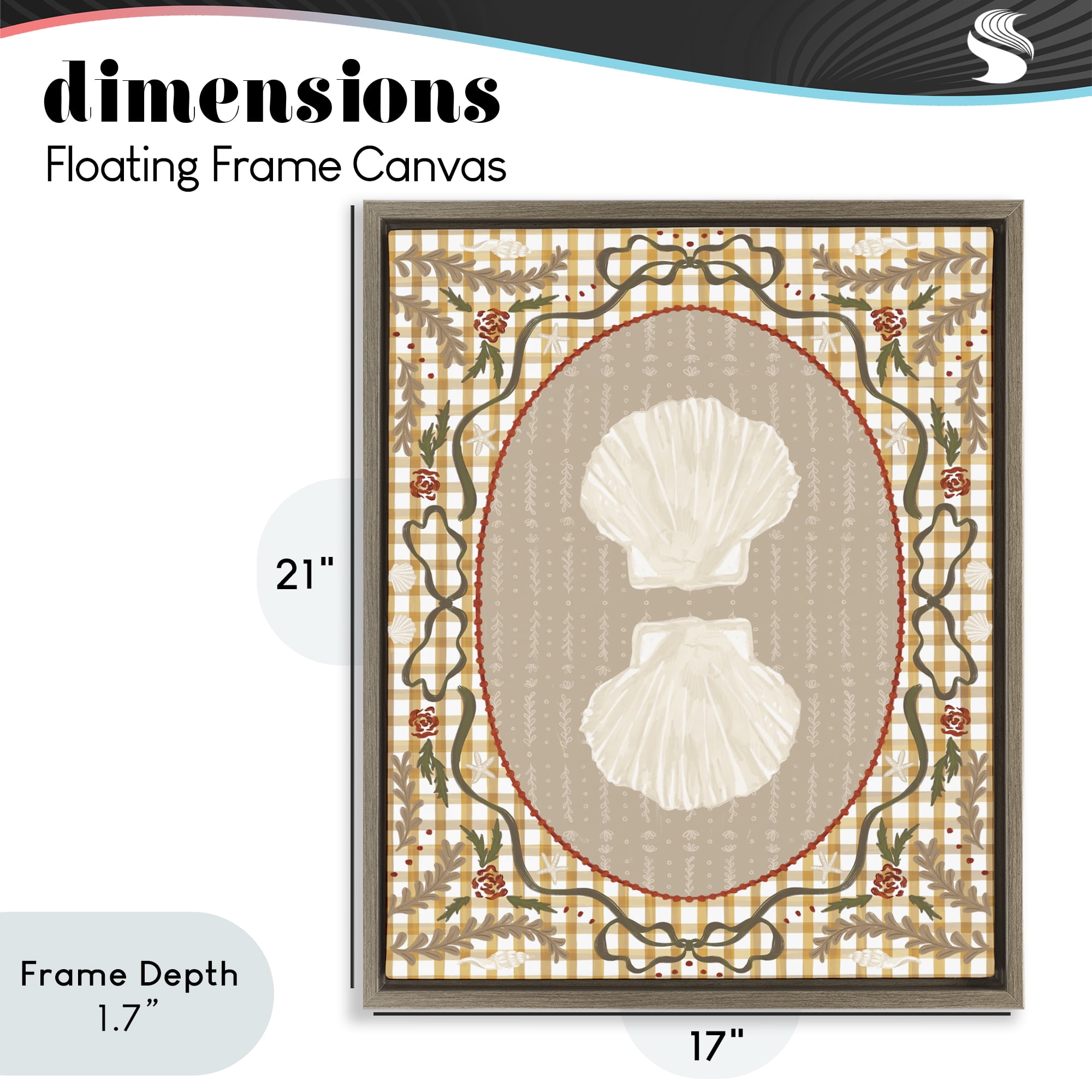Stupell Industries Vintage Shells on Gingham Brown Framed Floater Canvas Wall Art, design by Vero Illustrates