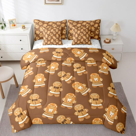 Manfei Cute Gingerbread Man Twin Bedding Sets 7-Piece, Western Christmas Bedding Comforter Set, Vintage Western Festival Reversible Sheet Sets, Ultra Soft Home Decor