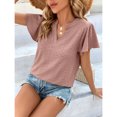 thumbnail image 3 of Blusa de manga con volantes huecos Escote en V Blusa de manga corta de color liso Top para mujer Lady Girl Pasta de frijol Rosa M, 3 of 6
