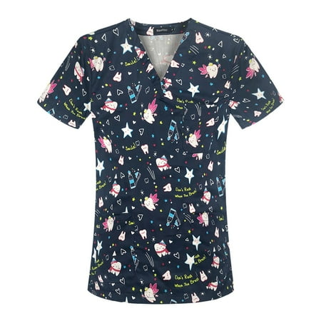 

Printed Scrub Tops Women Summer Short Sleeve V-Neck Cartoon American Flag Printed Top Nursed Working Nursing Uniforms With Pockets
