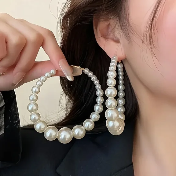 Elegant White Faux Pearl Hoop Earrings - Vintage & Chic Style, Acrylic with Iron Posts, Ideal for Daily Wear & Vacation, Vacation Accessories Sophisticated Jewelry