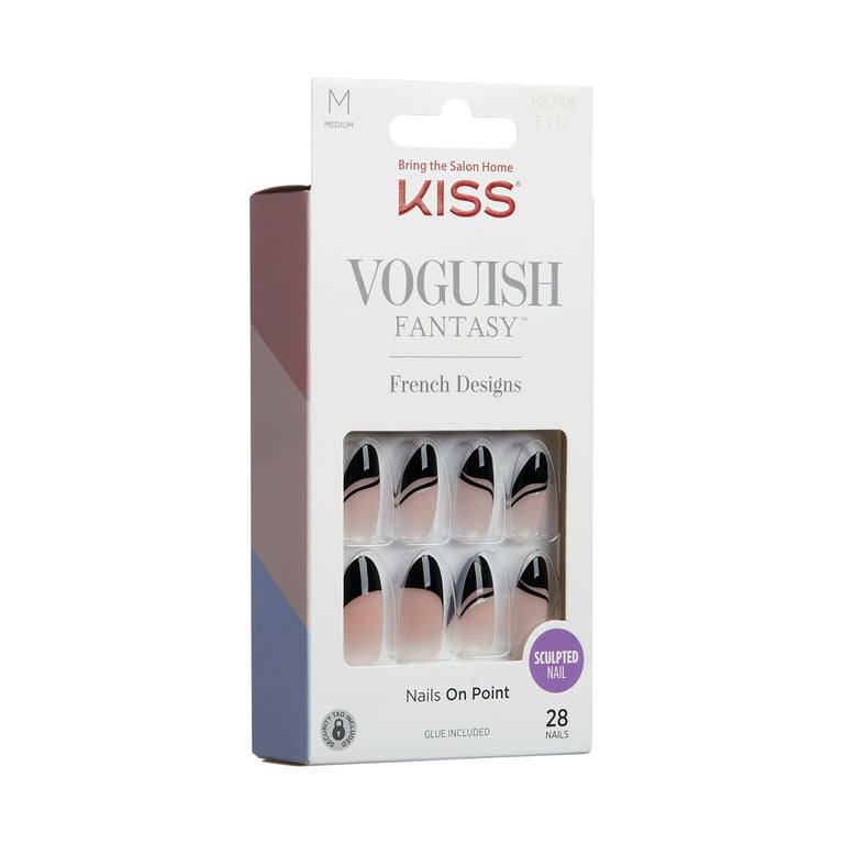 KISS Voguish Fantasy Medium Almond Fake Nails, Glossy Dark Black