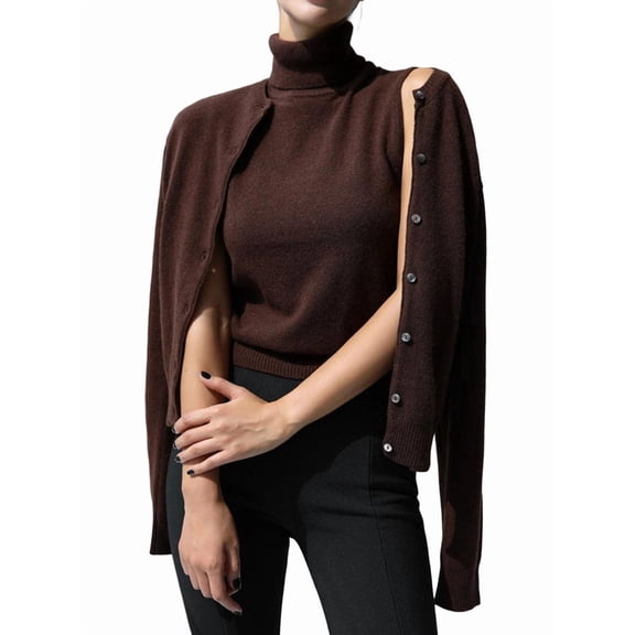 Womens Cardigan Sets 2 Piece Long Sleeve Shrug Top Cropped Cardigan Jackets with Vest Brown Set S