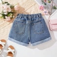 thumbnail image 5 of Girls Bow Embroidered Denim Shorts, High Waist Rolled Hem Jean Shorts for Summer Daily Wear and Outdoor Activities Light Blue 10Y, 5 of 7