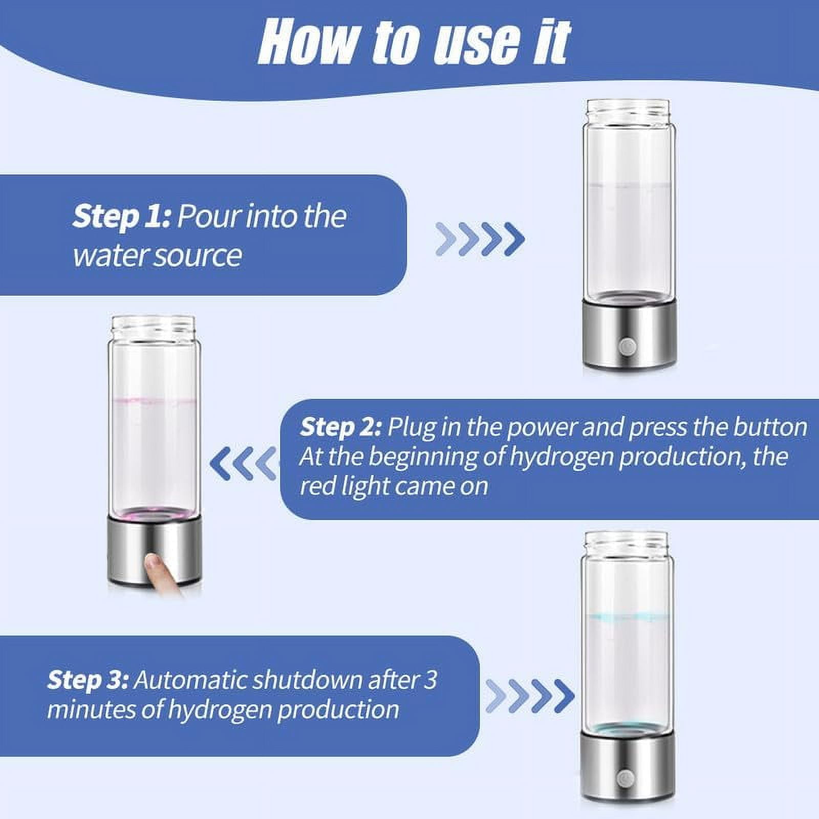 Hydrogen Water Bottle, Portable Hydrogen Water Ionizer Machine, Liquid Water Bottle with Built-in LED Light, Hydrogen Rich Water Glass Drinking Water Bottle for Travel, Fitness, Yoga Black Color