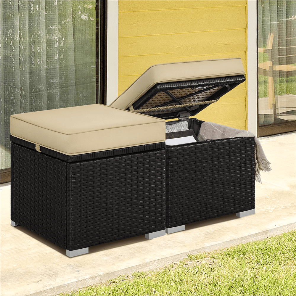 Renwick Wicker Patio Storage Ottomans with Cushions, Set of 2, Brown/Khaki