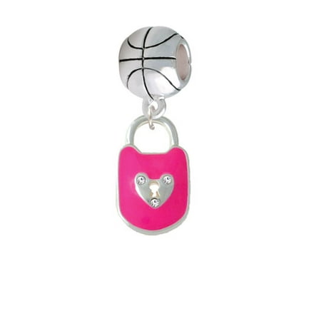 Hot Pink Enamel Lock with Clear Crystals - Basketball Charm Bead
