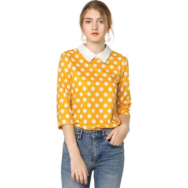 Disfraz de Halloween Allegra K mujer Polka Dots Contraste Peter Pan Collar Top 3/4 Mangas Amarillo XL