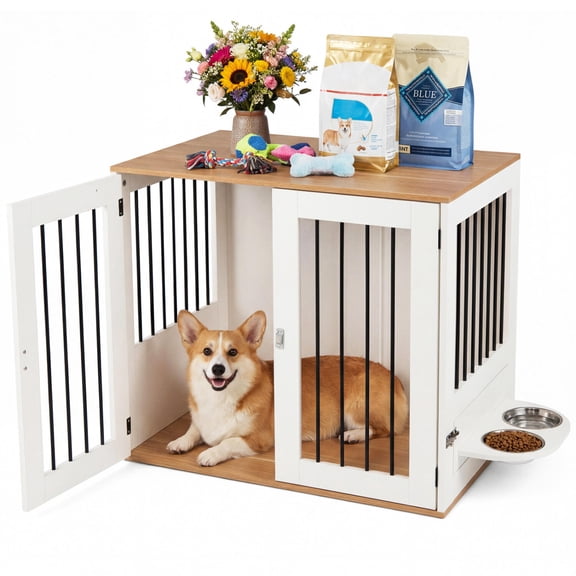31.5 In Dog Crate Furniture, Wooden Dog Kennel, Double Lock Doors, White
