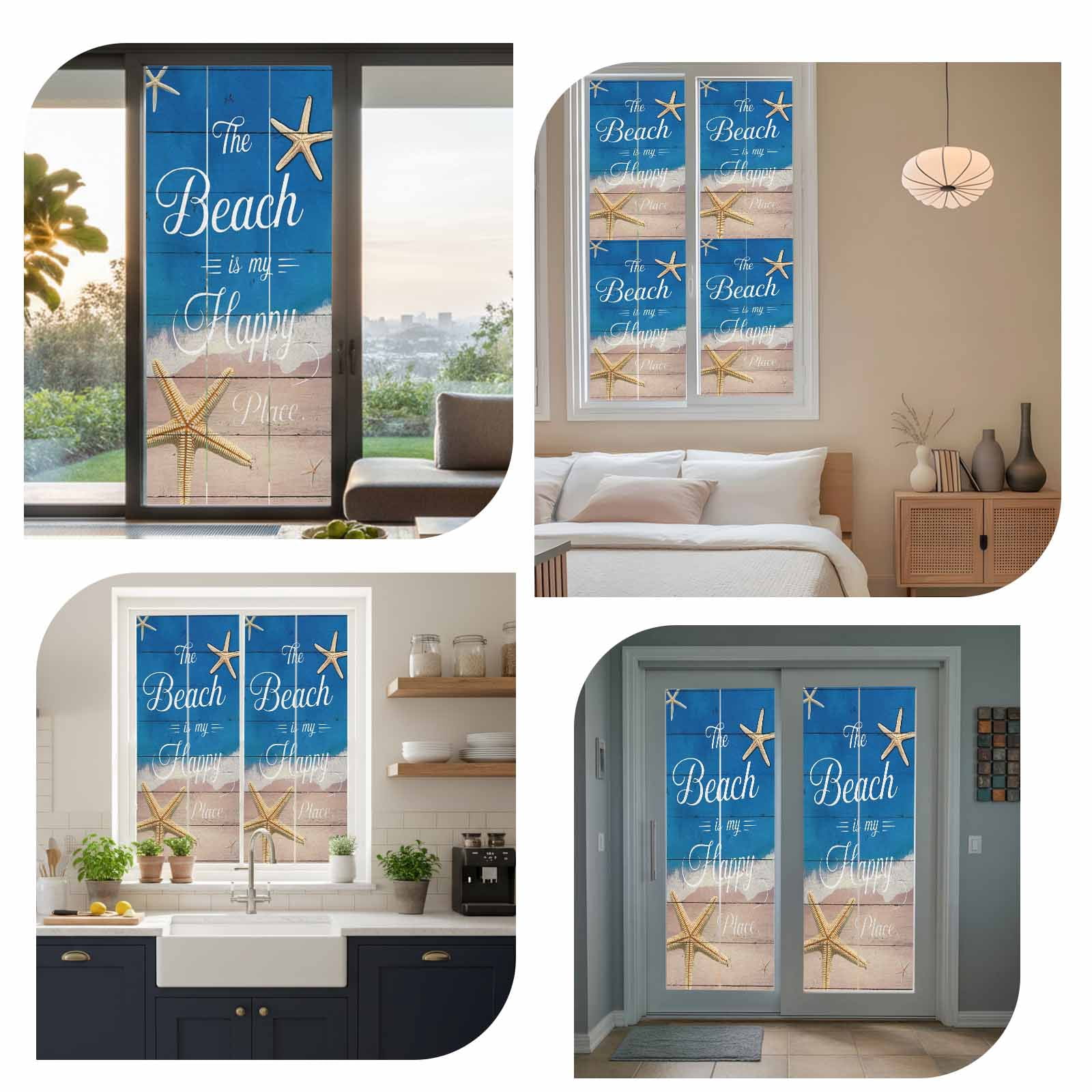 The Beach Is My Happy Place Window Privacy Film, Summer Starfish Beach Board Frosted Glass Window Clings Static Cling UV Heat Blocking Reusable Door Sticker for Bathroom 29.5 x 118 Inch