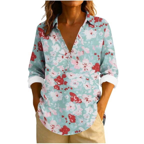 JGGSPWM Collared Button Down Shirts for Women Long Sleeve Dressy Casual Printed Tops Loose Fit Spring Trendy Tunic T Shirt Green M