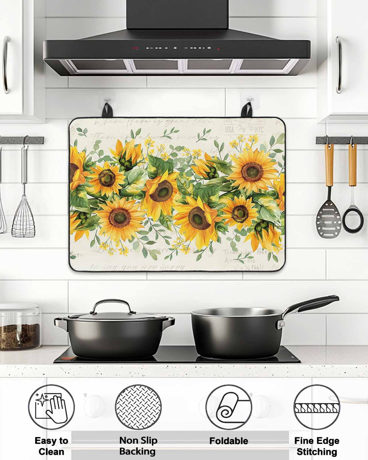 Stove Top Covers for Electric Stove, Sunflower Glass Stovetop Cover Protector, Country Botanical Yellow Green Floral Leaf Induction Cooktop Protector Oven Mat for Kitchen Countertop 24"x21"