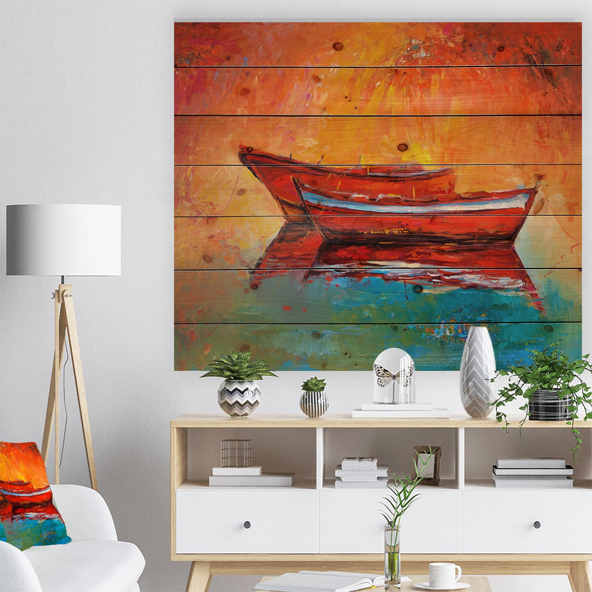 Designart 'Red Boats over Golden Sunset' Nautical Painting Print on Natural Pine Wood