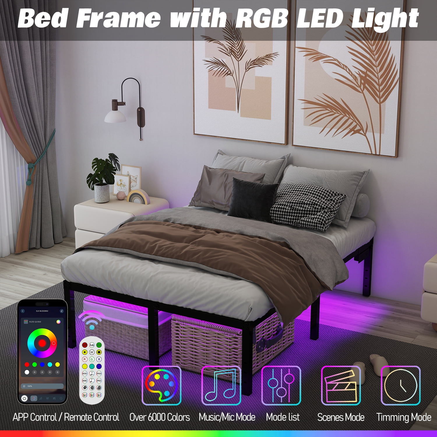 King Size Bed Frame King Platform Bed Frame with LED Lights 14 Inch Tall King Mattress Base King Platform Bed Frame with Charging Station