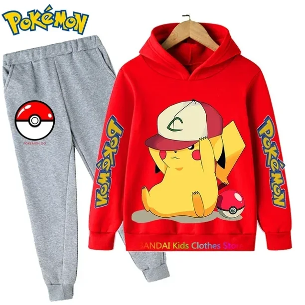 Conjunto de ropa deportiva de algodón con capucha para niño Y niña, traje de Sudadera con capucha de Pokémon, Pikachu, pantalones, ropa para 2 peces, 3, 4, 5, 6, 7, 8, 9, 10, 11, 12, 13, 14 años