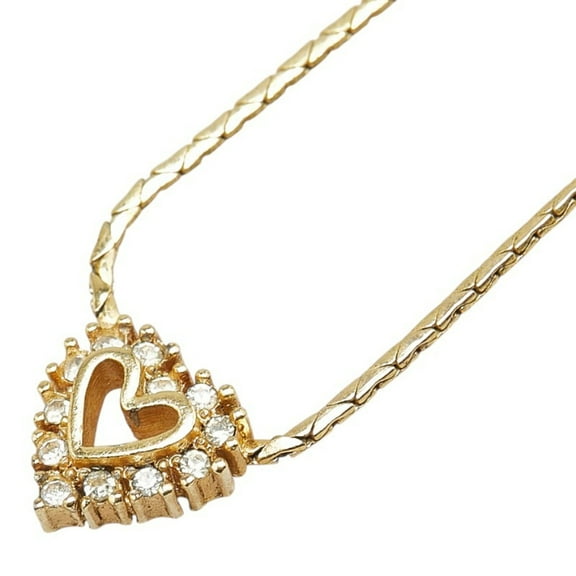 Pre-Owned Christian Dior Dior Heart Motif Rhinestone Necklace, Gold Plated, Women's (Good)