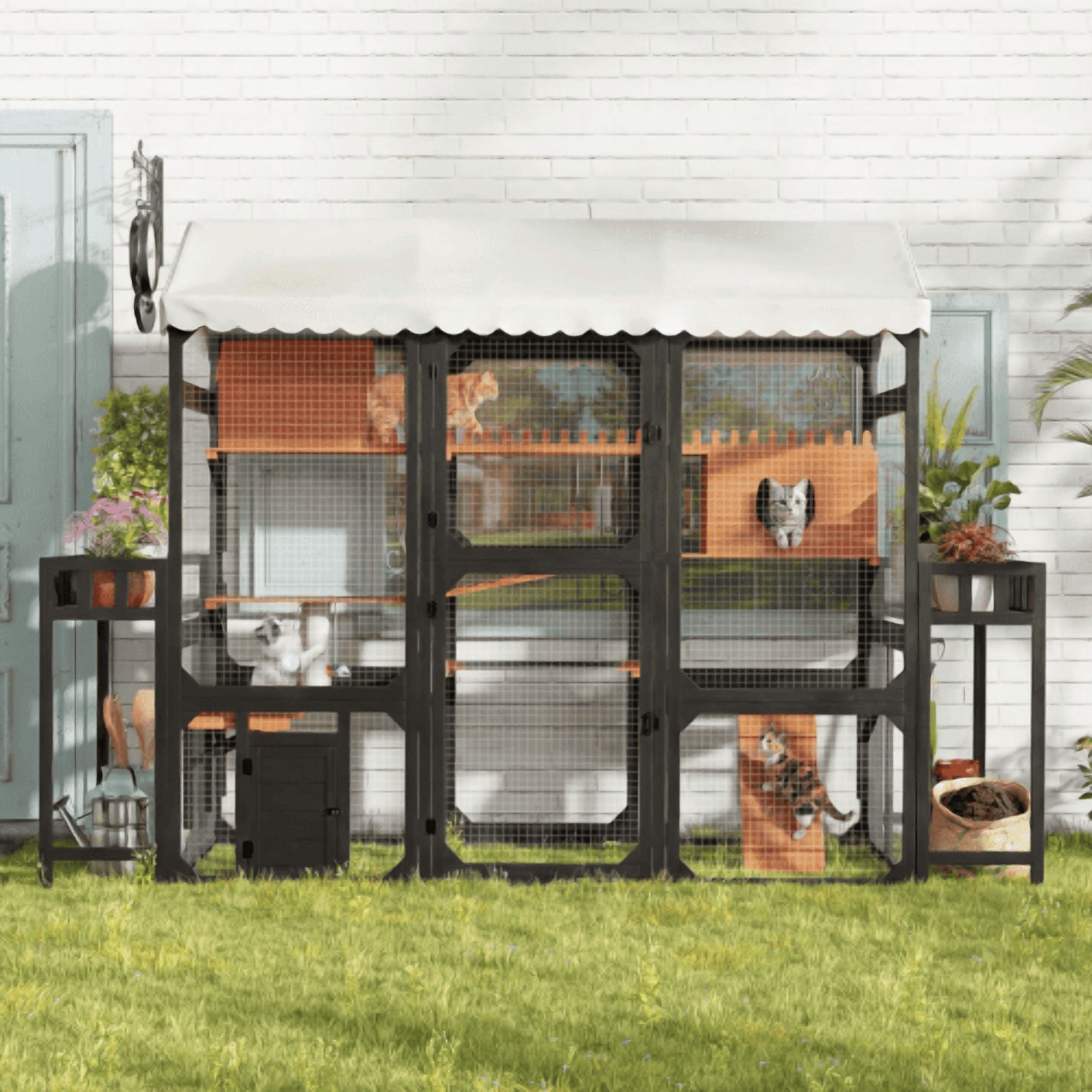 Large Outdoor Cat Enclosure Wooden Catio with Plant Stands and Multi-Level Playpen for Backyard Patio, Black