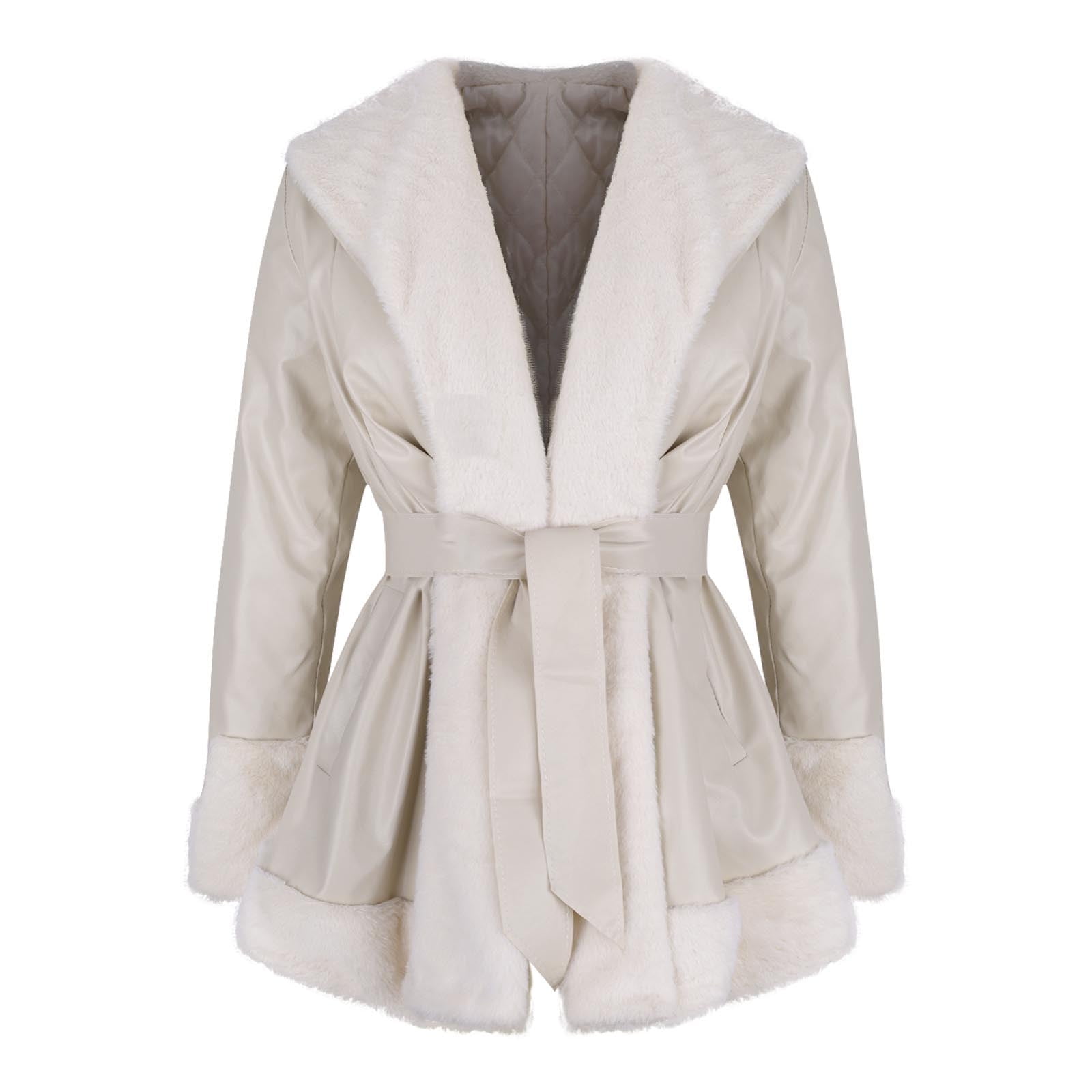 ZQUUVOU Women's Faux Leather Jacket with Faux Fur Collar Fall Winter Trendy Long Sleeve Furry Trim Parka Coat with Belt Beige